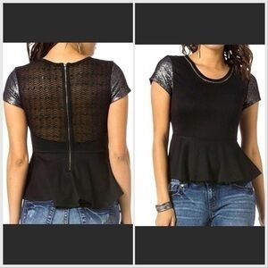 Miss Me lace back peplum top. Black. Small sequin short sleeve.